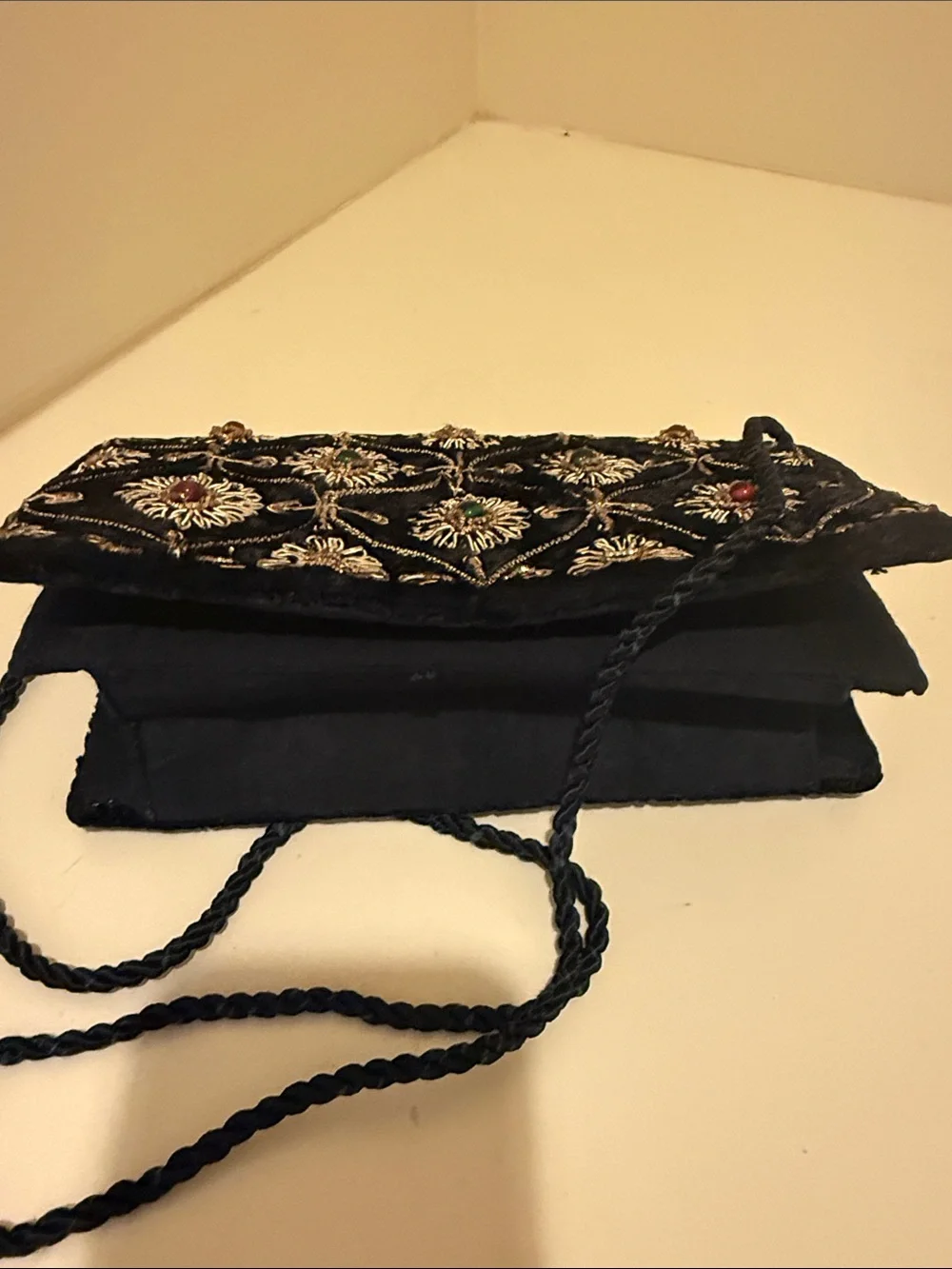 Black Embroidered Evening Crossbody Bag with Jewel Accents (Vintage)